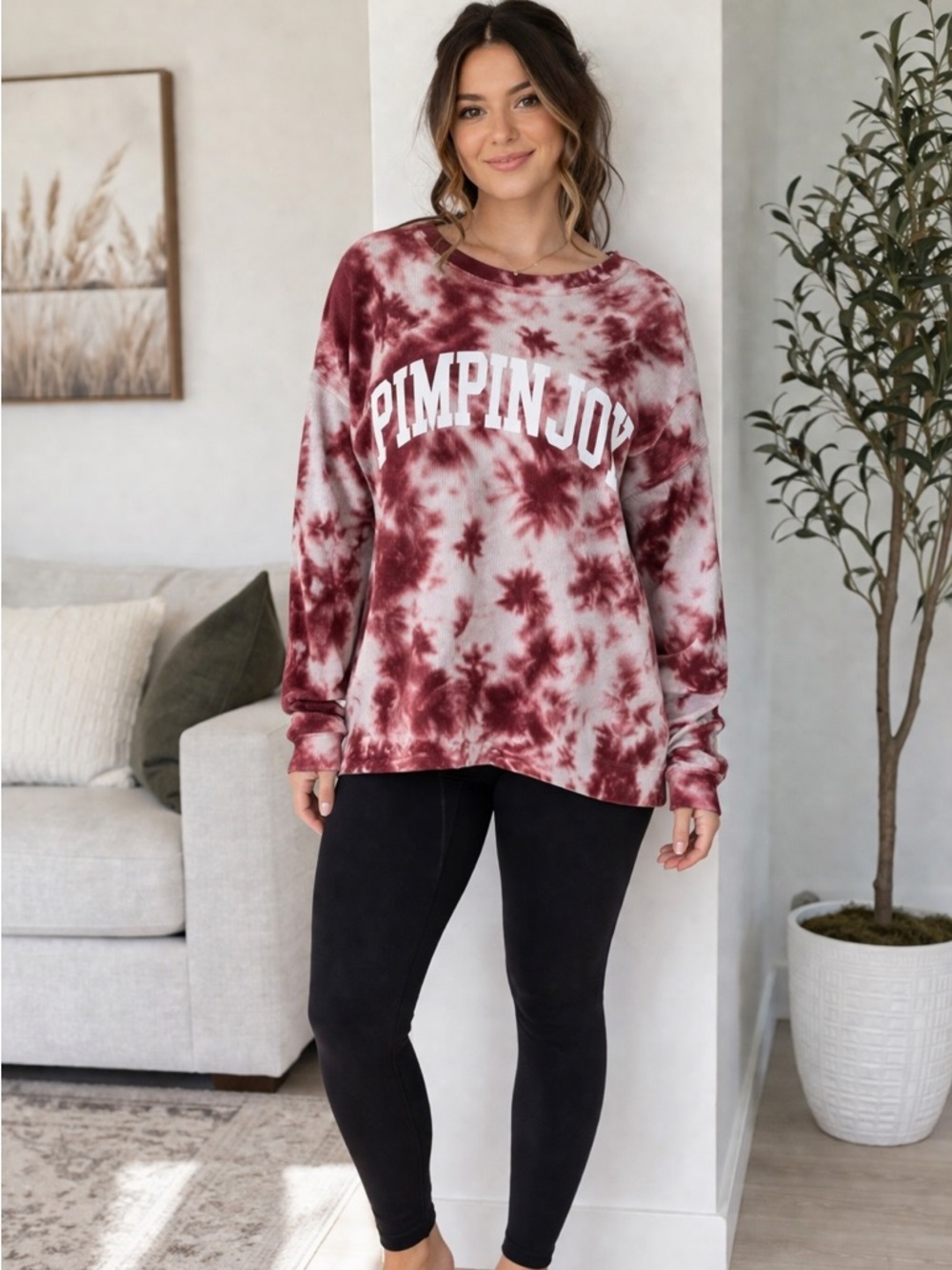PIMP N JOY Burgundy Tie-Dye Ribbed Sweatshirt